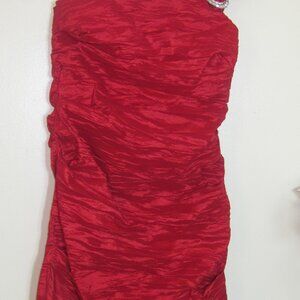 ALEX EVENINGS-Womens Red Cocktail Dress Size 10-Crinkle-One-Shoulder-Back Zipper